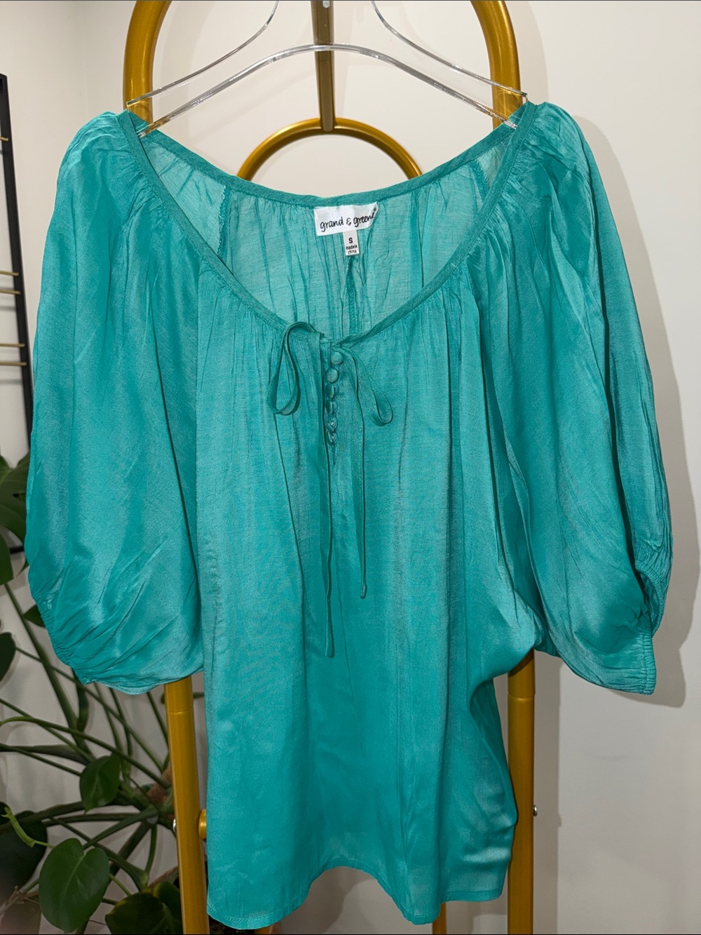 grand & greene Teal Tie-Front Peasant Blouse